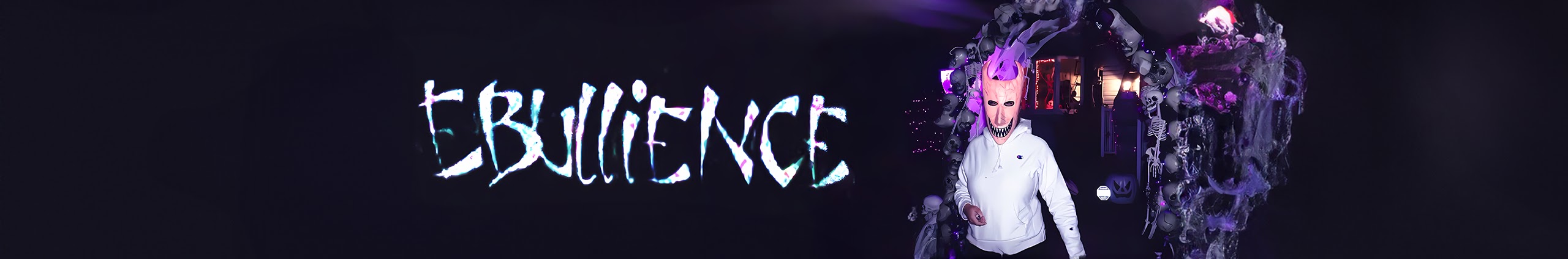 Ebullience banner — masked figure surrounded by skulls and purple flame